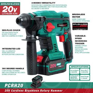 Brushless Cordless Rotary Hammer,POSENPRO 20V SDS Plus Rotary Hammer Drill,4 Modes Selector,Variable Speed,Adjustable Handle,4.0Ah Li-ion Battery and Fast Charger Included