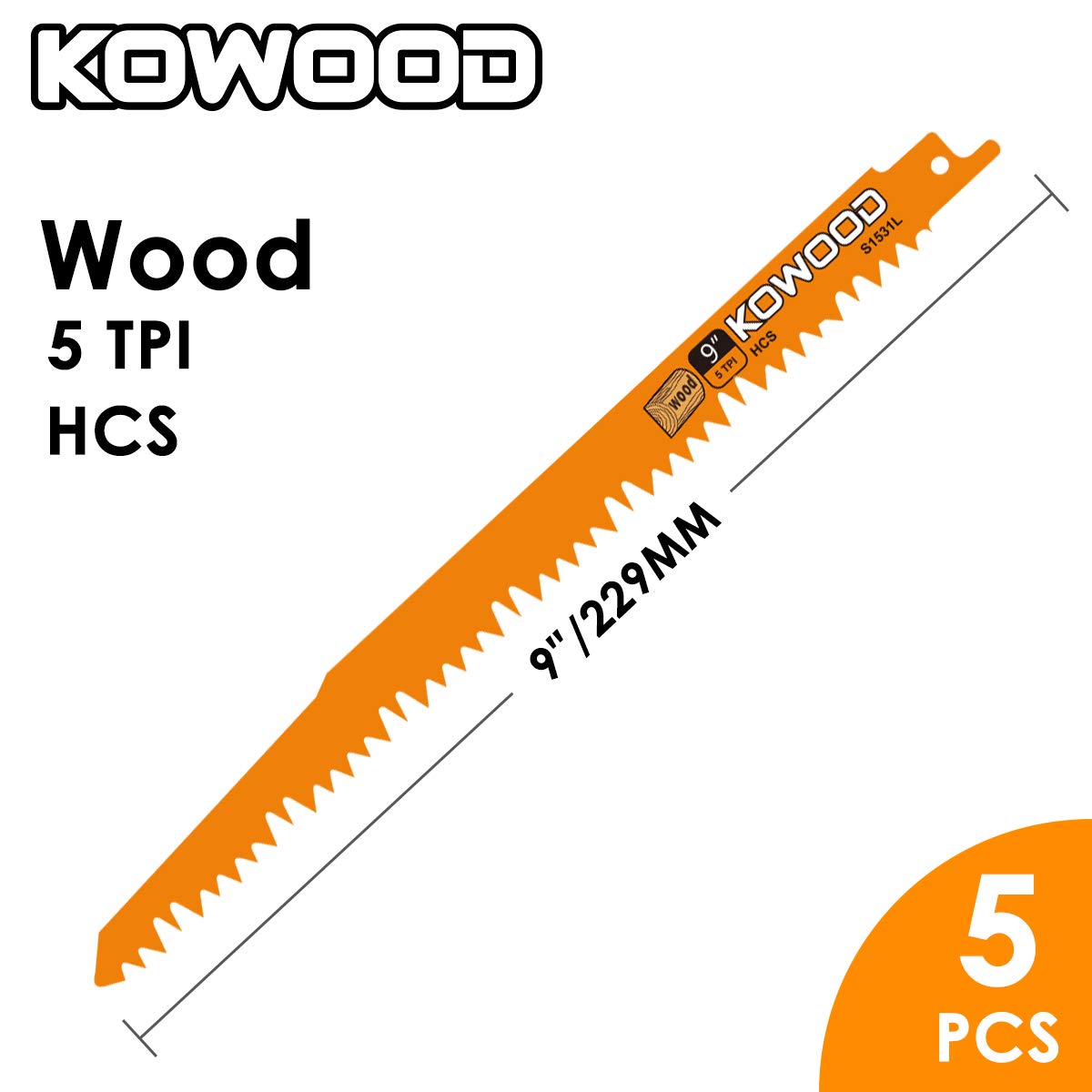 9-Inch Wood Pruning Saw Blades for Reciprocating/Sawzall Saws/Sabre Saws by KOWOOD - 5 Pcs Pack Wood Cutting Set