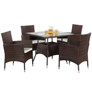 wisteria lane 5-piece wicker outdoor table and chairs, patio dining set w/square glass tabletop and umbrella hole, patio table and chairs set for backyard deck balcony front porch, brown