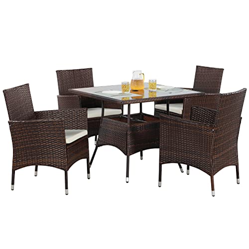 Wisteria Lane 5-Piece Wicker Outdoor Table and Chairs, Patio Dining Set w/Square Glass Tabletop and Umbrella Hole, Patio Table and Chairs Set for Backyard Deck Balcony Front Porch, Brown