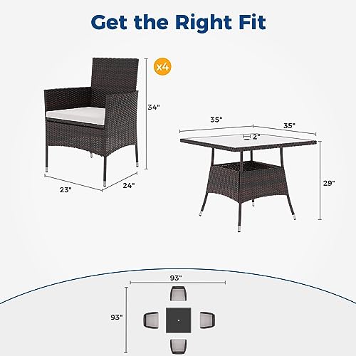 Wisteria Lane 5-Piece Wicker Outdoor Table and Chairs, Patio Dining Set w/Square Glass Tabletop and Umbrella Hole, Patio Table and Chairs Set for Backyard Deck Balcony Front Porch, Brown