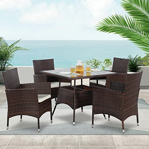 Wisteria Lane 5-Piece Wicker Outdoor Table and Chairs, Patio Dining Set w/Square Glass Tabletop and Umbrella Hole, Patio Table and Chairs Set for Backyard Deck Balcony Front Porch, Brown