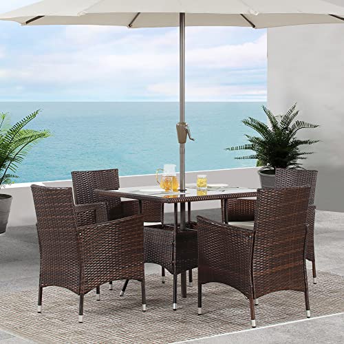 Wisteria Lane 5-Piece Wicker Outdoor Table and Chairs, Patio Dining Set w/Square Glass Tabletop and Umbrella Hole, Patio Table and Chairs Set for Backyard Deck Balcony Front Porch, Brown