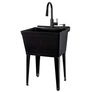 black utility sink with high arc black faucet by vetta by js jackson supplies, pull down sprayer spout, heavy duty slop sink for washing room, basement, shop, free standing laundry tub deep plastic