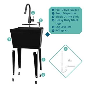 Black Utility Sink with High Arc Black Faucet by VETTA by JS Jackson Supplies, Pull Down Sprayer Spout, Heavy Duty Slop Sink for Washing Room, Basement, Shop, Free Standing Laundry Tub Deep Plastic