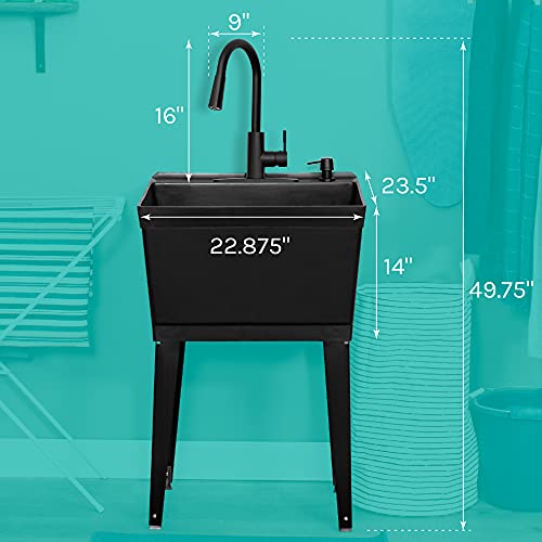 Black Utility Sink with High Arc Black Faucet by VETTA by JS Jackson Supplies, Pull Down Sprayer Spout, Heavy Duty Slop Sink for Washing Room, Basement, Shop, Free Standing Laundry Tub Deep Plastic