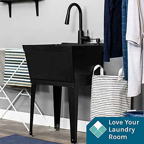 Black Utility Sink with High Arc Black Faucet by VETTA by JS Jackson Supplies, Pull Down Sprayer Spout, Heavy Duty Slop Sink for Washing Room, Basement, Shop, Free Standing Laundry Tub Deep Plastic