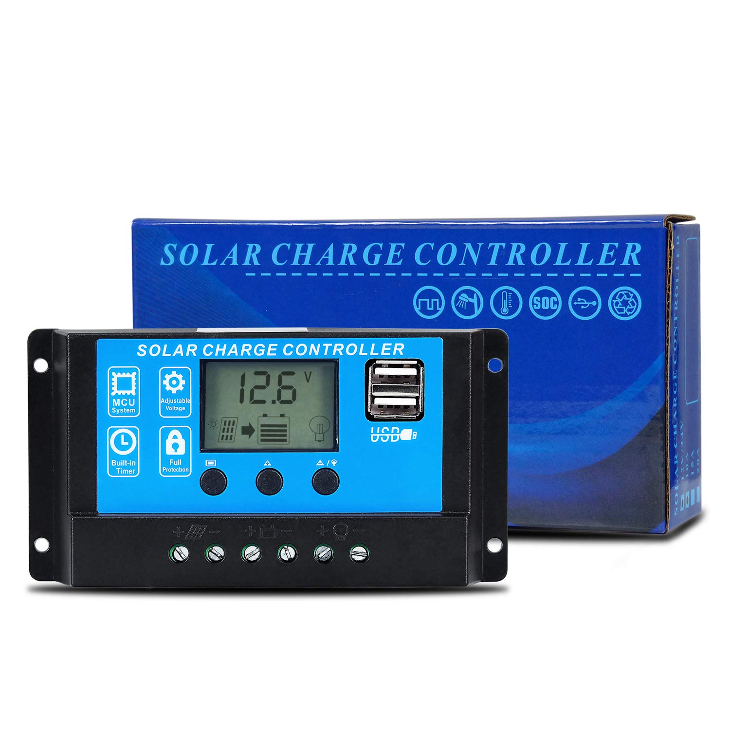 GCSOAR Solar Charge Controller 10A 12V/24V Solar Panel Battery Auto Paremeter Adjustable LCD Display PWM Regulator with Dual USB Port