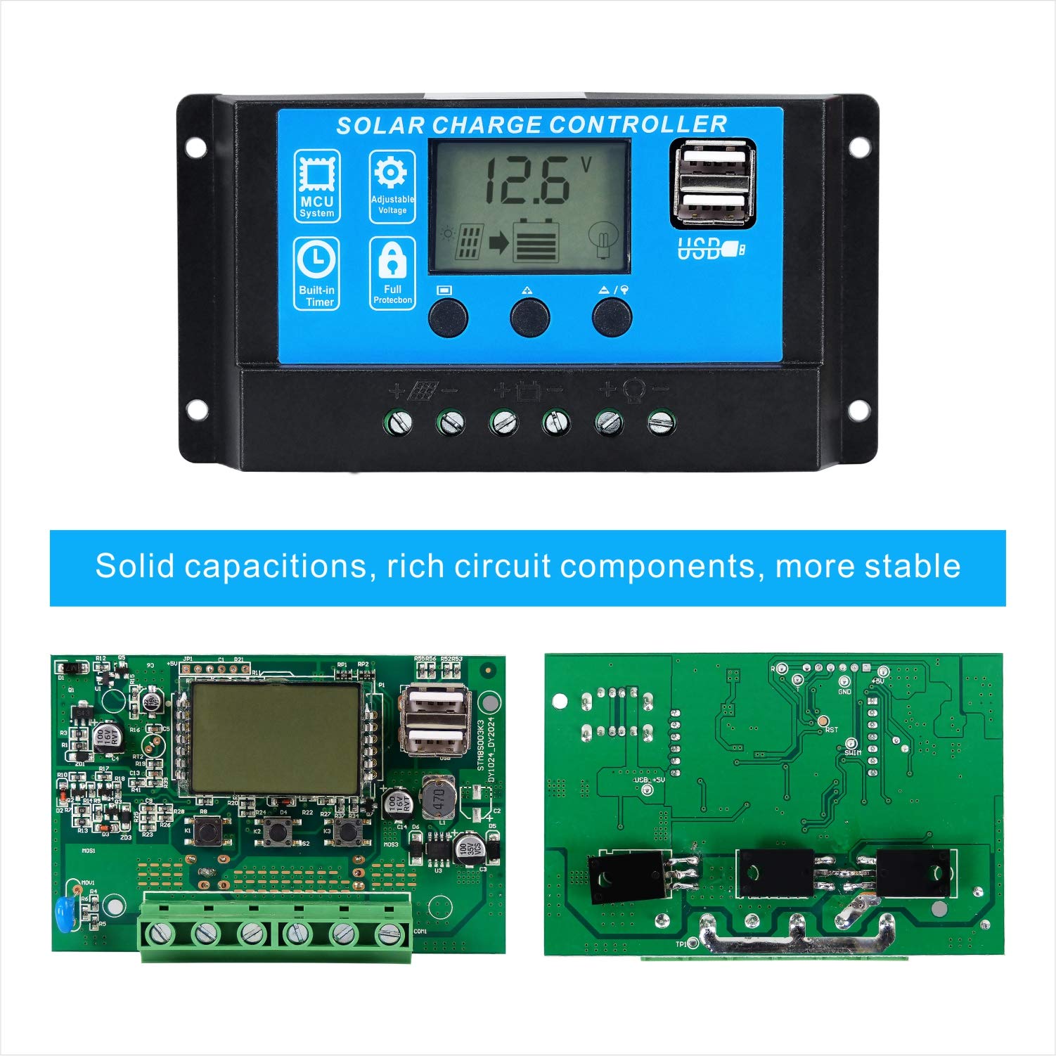 GCSOAR Solar Charge Controller 10A 12V/24V Solar Panel Battery Auto Paremeter Adjustable LCD Display PWM Regulator with Dual USB Port