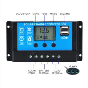 GCSOAR Solar Charge Controller 10A 12V/24V Solar Panel Battery Auto Paremeter Adjustable LCD Display PWM Regulator with Dual USB Port