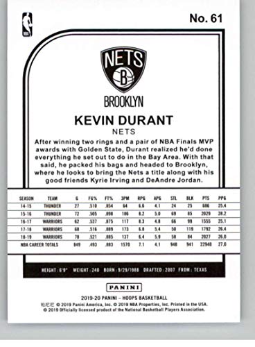 2019-20 Panini Hoops #61 Kevin Durant Brooklyn Nets NBA Basketball Trading Card