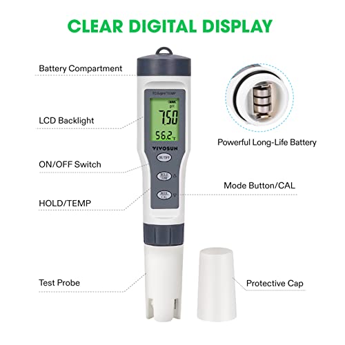 VIVOSUN 3-in-1 Digital pH Meter with ATC, ±0.1 pH Accuracy Water Quality Tester, 0-14.0 pH Measurement Range for Hydroponics, Household Drinking, Pool and Aquarium