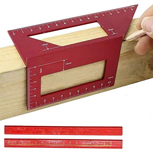 Aluminum Alloy Saddle Layout Square Gauge with 2 Pencils,Multifunctional 45/90 Degree Angle T Ruler 3D Mitre Angle Woodworking Measuring Tools