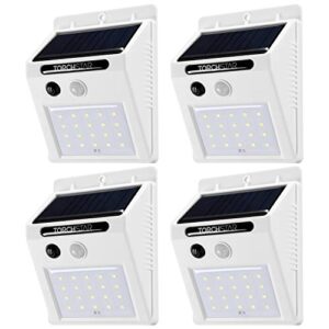 torchstar outdoor led solar powered motion sensor light, ip65 waterproof cordless outdoor wall lighting for driveway, patio, garage, porch, 6500k pure white, white, pack of 4