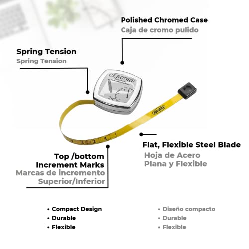 Cescorf Anthropometric Tape Measure with Flat Flexible Steel Blade for Body Circumference Measurements, 6mm x 2m, Metric, with Blank Space Before Zero, Ideal for Dieticians, Nutritionists, Trainers