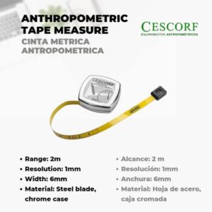 Cescorf Anthropometric Tape Measure with Flat Flexible Steel Blade for Body Circumference Measurements, 6mm x 2m, Metric, with Blank Space Before Zero, Ideal for Dieticians, Nutritionists, Trainers