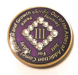 recovery line 3 year na bling medallion - deep purple, chip, coin token, with swarvoski crystals