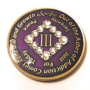 Recovery Line 3 Year NA Bling Medallion - Deep Purple, Chip, Coin Token, with Swarvoski Crystals