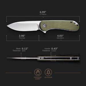 CIVIVI Knives Elementum Folding Pocket Knife 2.96" D2 Satin Blade,G-10 Handles C907E (Green)