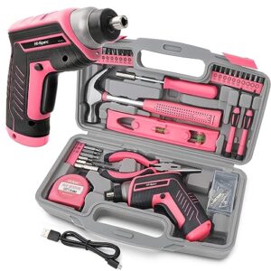 hi-spec 35pc pink tool kit with 3.6v usb electric screwdriver and drill set. complete women tool set