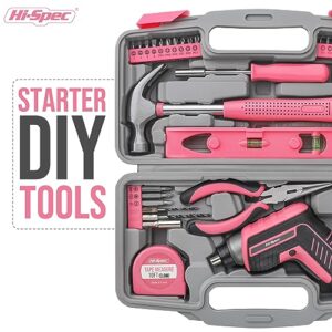 Hi-Spec 35pc Pink tool kit with 3.6V USB Electric Screwdriver and drill set. Complete women tool set