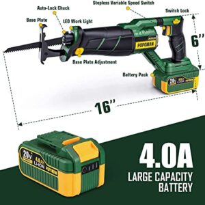 POPOMAN Cordless Brushless Reciprocating Saw, with 20V 4.0Ah Battery, 1-1/8"(28mm) Stroke Length, 0-2500 SPM Variable Speed, 2 Blades for Metal & Wood Cutting, Tree Trimming- MTW200B