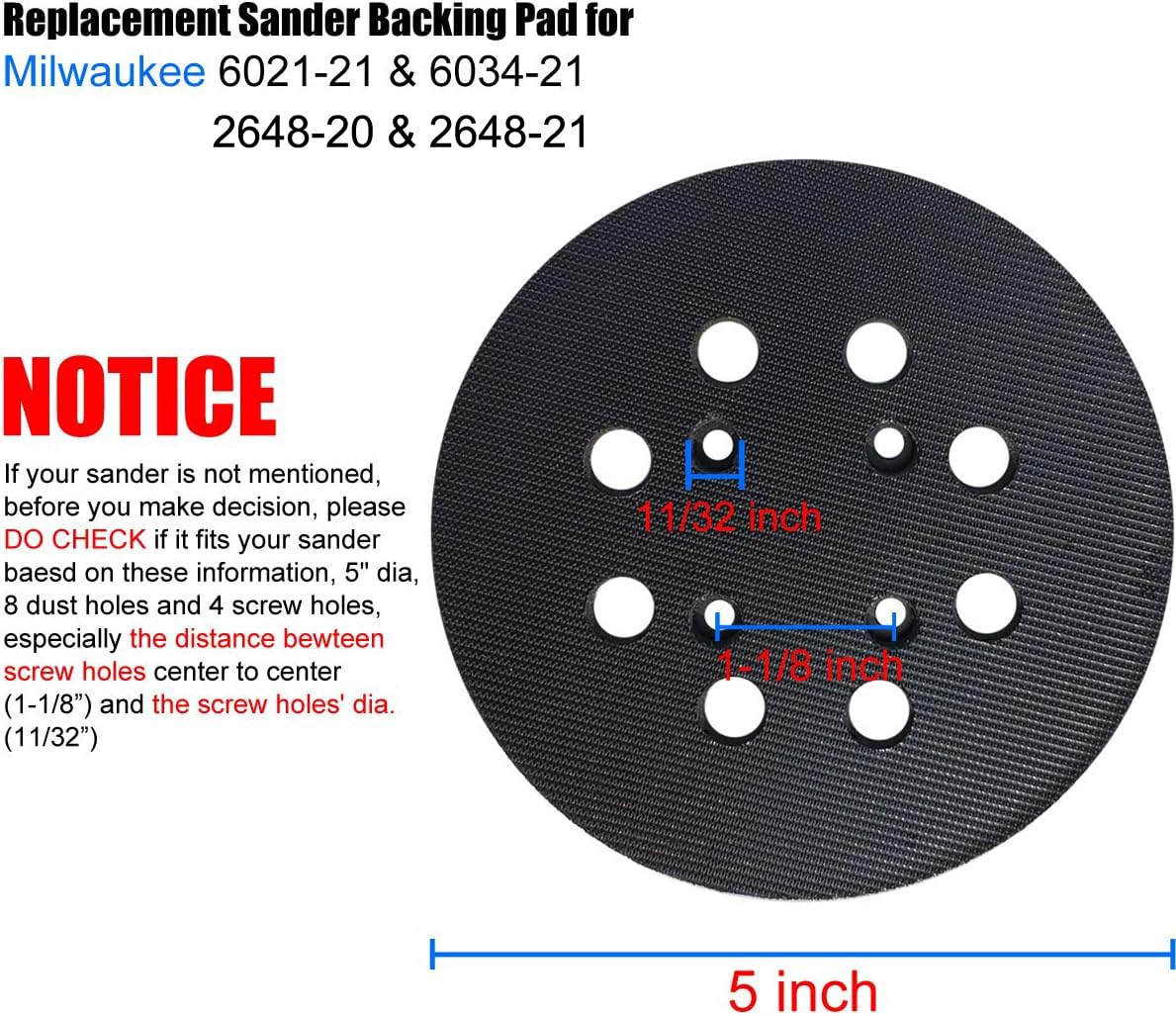 5 Inch 8 Hole Replacement Sander Pad for Milwaukee 6021-21, 6034-21 2648-20, 2648-21 Random Orbit Sanders - 5" Hook and Loop Sanding Pad for Part Number 51-36-7100