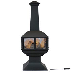 sunnydaze 57-inch black steel chiminea with log grate, cover, and poker - protective mesh screen - 360-degree fire view