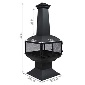 Sunnydaze 57-Inch Black Steel Chiminea with Log Grate, Cover, and Poker - Protective Mesh Screen - 360-Degree Fire View