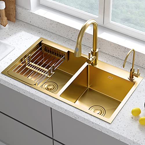 Gold Kitchen Sink, Double Bowl Bar Sink, 304 Stainless Steel Nano-Coated, with Gold Sink Stopper and Drain Strainer, Drop-In or Undermount, 29.5” x15.7”