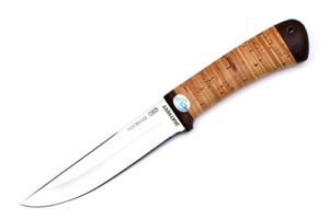 russia made hunting fox knife - stainless blade - birch bark non slippery handle - leather sheath