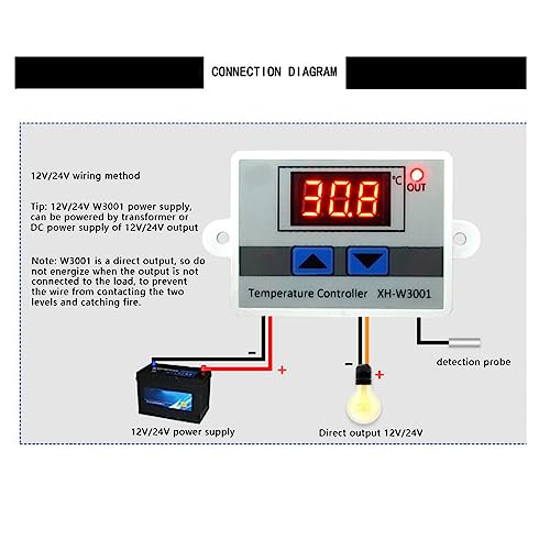 Temperature Controller, DC 12V 120W Digital LED Temperature Controller Module XH-W3001 Mini Thermostat Switch with Waterproof Sensor Probe