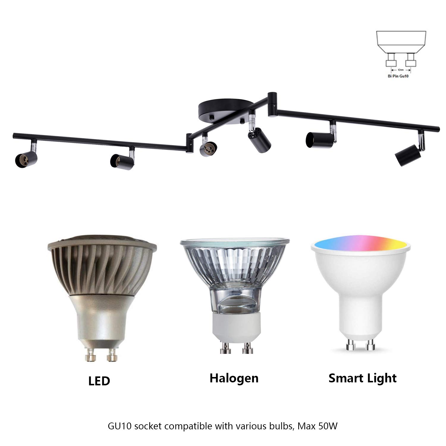 AIBOO 6-Light Adjustable Dimmable Track Lighting Kit, Flexible Foldable Arms, Matt Black Color Perfect for Kitchen,Hallyway Bed Room Lighting Fixture, GU10 Base Bulbs not Included