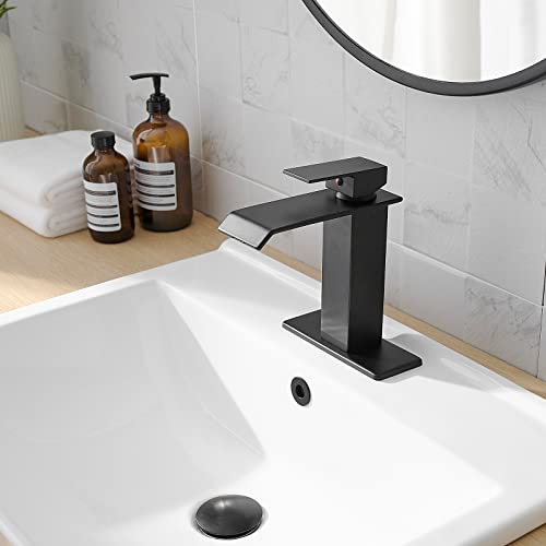 BATHLAVISH Matte Black Bathroom Faucet Waterfall Single Hole with Pop Up Drain with Overflow Matt Modern Single Handle Vanity Lavatory Sink 1 or 3 Hole Deck Mount