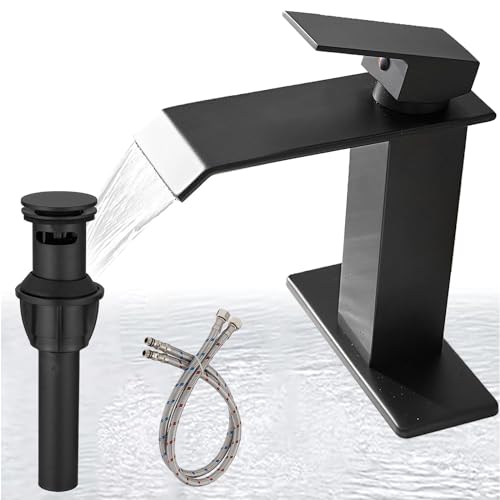 BATHLAVISH Matte Black Bathroom Faucet Waterfall Single Hole with Pop Up Drain with Overflow Matt Modern Single Handle Vanity Lavatory Sink 1 or 3 Hole Deck Mount