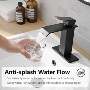 BATHLAVISH Matte Black Bathroom Faucet Waterfall Single Hole with Pop Up Drain with Overflow Matt Modern Single Handle Vanity Lavatory Sink 1 or 3 Hole Deck Mount