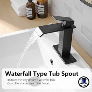 BATHLAVISH Matte Black Bathroom Faucet Waterfall Single Hole with Pop Up Drain with Overflow Matt Modern Single Handle Vanity Lavatory Sink 1 or 3 Hole Deck Mount