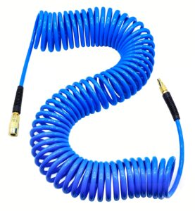 yotoo polyurethane recoil air hose 1/4" inner diameter by 50' long with bend restrictor, 1/4" industrial quick coupler and plug, blue