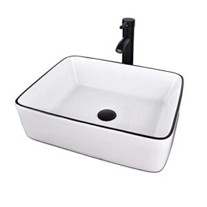 white ceramic bathroom sink, 19" x 15" above counter porcelain vessel sink with black faucet and pop up drain combo, rectangle