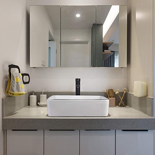 White Ceramic Bathroom Sink, 19" x 15" Above Counter Porcelain Vessel Sink with Black Faucet and Pop up drain Combo, Rectangle