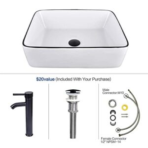 White Ceramic Bathroom Sink, 19" x 15" Above Counter Porcelain Vessel Sink with Black Faucet and Pop up drain Combo, Rectangle