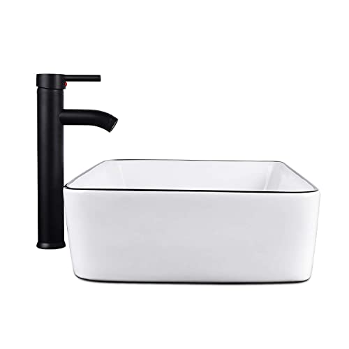 White Ceramic Bathroom Sink, 19" x 15" Above Counter Porcelain Vessel Sink with Black Faucet and Pop up drain Combo, Rectangle