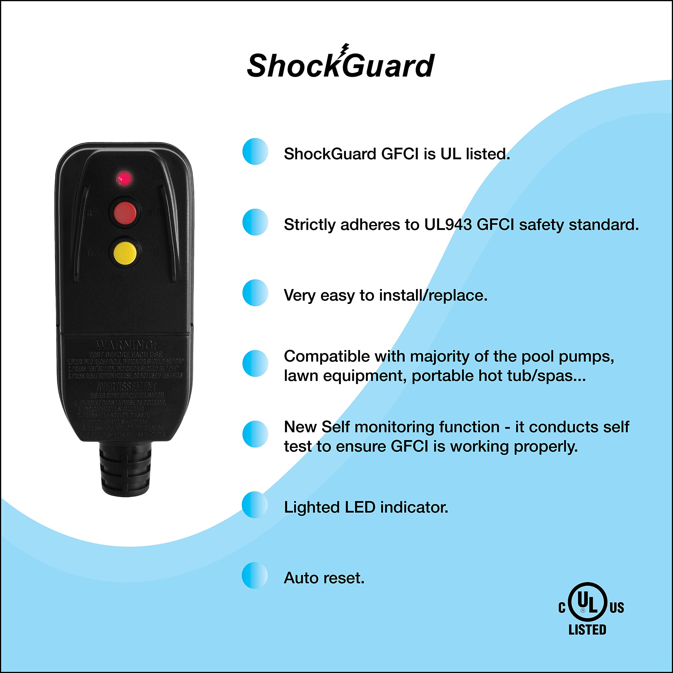 ShockGuard GFCI Replacement Plug Assembly 3-Prongs for Pressure Washer, Inflatable Pool Pump, Above Ground Plug-n-Play hot tub