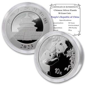 2023 30 gram silver chinese panda coin brilliant uncirculated (in capsule) with certificate of authenticity ¥10 yuan bu
