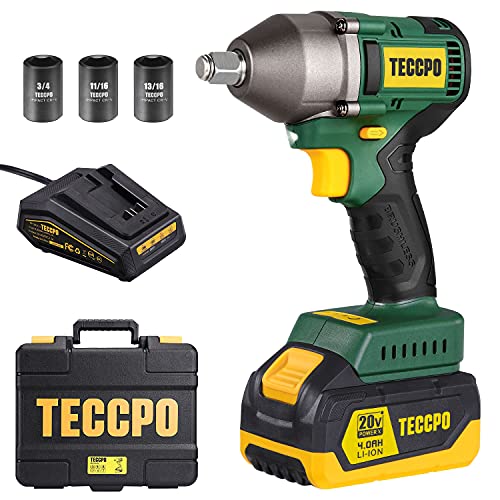 TECCPO Impact Wrench, Brushless 20V MAX Cordless Impact Wrench, 4.0Ah Li-ion Battery, 1/2 Inch, 300 Ft-lbs(400N.m) Max, 3 Variable Speed Wrench, 1 hour Fast Charger, 3 Sockets, Tool Box - BHD850B