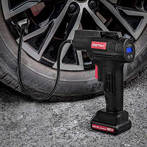 Eastvolt 12V Tire Inflator Air Compressor, Multi-Purpose Electric Power, Max 150PSI with 4-Unit Measurement Gauge, 3 Nozzles, Fast Charger and 1.5 Ah Rechargeable Battery