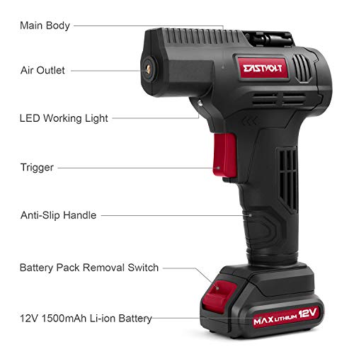 Eastvolt 12V Tire Inflator Air Compressor, Multi-Purpose Electric Power, Max 150PSI with 4-Unit Measurement Gauge, 3 Nozzles, Fast Charger and 1.5 Ah Rechargeable Battery