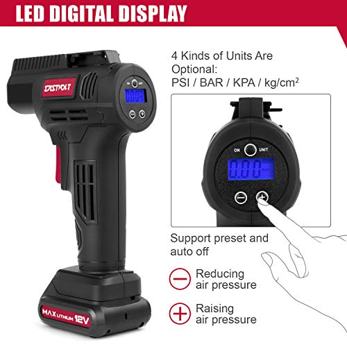 Eastvolt 12V Tire Inflator Air Compressor, Multi-Purpose Electric Power, Max 150PSI with 4-Unit Measurement Gauge, 3 Nozzles, Fast Charger and 1.5 Ah Rechargeable Battery