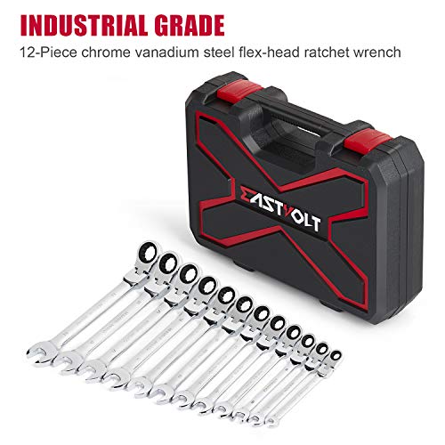 Eastvolt 12-Piece Flex-Head Ratcheting Wrench Set, Metric 8mm-19mm, Combination Ended Spanner kits, Chrome Vanadium Steel with Toolbox, EVHT1201