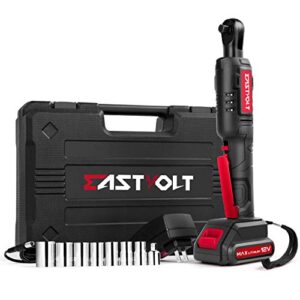 eastvolt 12v cordless electric ratchet wrench set, 3/8 inch 35 ft-lbs power wrench tool kit with fast charger, 2.0ah lithium-ion battery, 7-pieces 3/8 inch metric sockets and 1/4" adaptor, black + red
